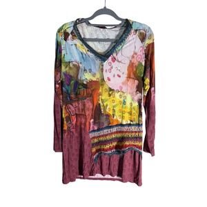 Aventures Des Toiles Abstract Art Print‎ Tunic Top V-Neck Mixed Media Size 42